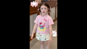 MC128 เสื้อยืดเด็กผู้หญิงสีชมพู+กระโปรง  ลาย คัพเค้กการ์ตูนน่ารัก 🍰  เนื้อผ้า Cotton นุ่ม ใส่สบาย ไม่ระคายเคืองผิว