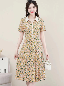 Các Bà Mẹ Trung Niên Mùa Hè Họa Tiết Hoa Tay Ngắn Áo Váy Ngắn Mới Thu Đông 2024 Váy Chữ A Vải Cotton