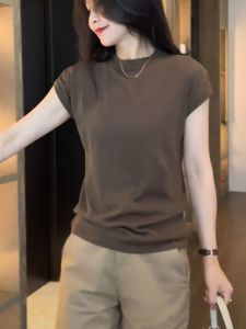 Áo Phông Cộc Tay Dệt Kim Lụa Bóng Màu Trơn Mùa Hè Áo Kiểu Mỏng Cổ Tròn Áo Mặc Trong Cảm Giác Thiết Kế Tôn Dáng Gầy Ôm Dáng Nữ