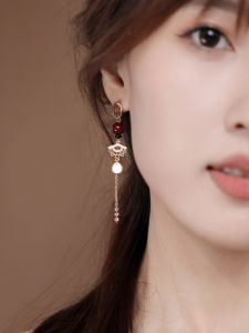 Original Vintage Red Agate New Chinese Style Fan Earrings Womens Fashion Jewelry Ear Studs And Clip-Ons for Outfits