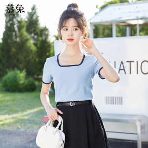 Áo thun nữ Mutu bằng polyester cổ vuông tay ngắn dáng ôm màu trơn