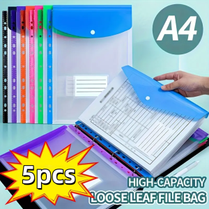 5-Pack Colorful A4 File Folders | 11-Ring Binder Pockets | Durable PP Organizer | For School Office & Home | Secure Push-Button