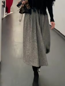 Elegant Grey Sequin Maxi Skirt Womens Spring Hang down High Waist Slimming Fashionable Youthful A-Line Skirt Commute Style