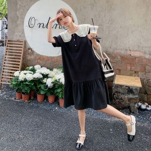 Sweet Preppy Style Midi Dress Womens Summer Miniature Black Dress Doll Collar A-Line Skirt Short Sleeve Casual Office Wear
