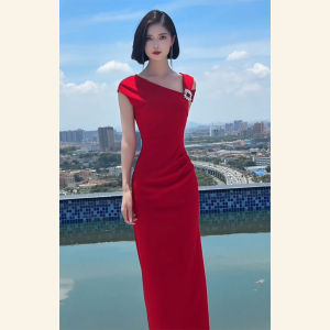 SHANGSHA | Elegant Red Autumn Dress for Formal Occasions