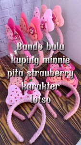 BANDO BULU KUPING MINNIE MOTIF STRAWBERRY TEMPELAN KARAKTER LOTSO / BONDU BULU FASHION ANAK