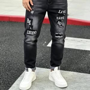 Spring and Autumn Retro Mens Black Letter Printed High Waist Jeans Trendy High Street Slim Ripped High Street Straight Pants
