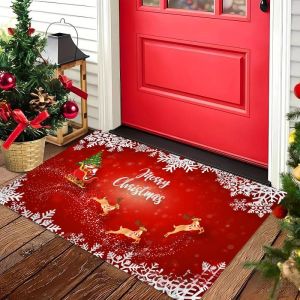 Thảm Chùi Chân Giáng Sinh Màu Đỏ VIKAMA Với Hình Ông Già Noel Cưỡi Xe Trượt Tuyết Viền Bông Tuyết Trắng Chống Trượt Phong Cách Hiện Đại Thảm Chào Mừng Giáng Sinh Thảm Trải Sàn Lối Vào Phía Trước Để Trang Trí Ngày Lễ