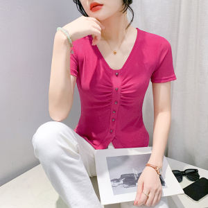 YIMEI 2024 New Korean version with button up pleats V-neck split top fashionable slim fit mesh short sleeved irregular t-shirt womens trend