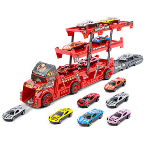 Construction Truck Car Toys for Kids Boys 3 4 5 6 Years Old Vehicle Playsets Toys Storage Catapult Transporter with Car Launcher & 6 Alloy Cars Christmas Birthday Toys Gifts for Children