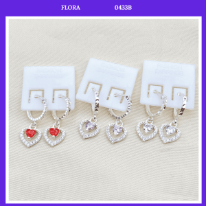 FLORA 0433B - Bông tai bạc ta hình trái tim đính đá màu hồng trắng đỏ dành cho bé gái