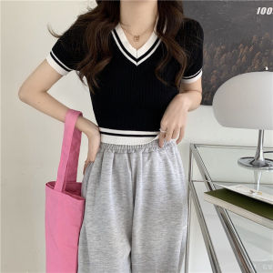 Áo Thun Dệt Kim Cổ Chữ V Tay Ngắn Ôm Vừa Vặn Mùa Hè 2024 Áo Thun Ngắn Màu Khối Thời Trang Nữ
