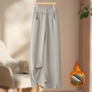 กางเกงขายาวทรงหลวมเอวสูงสำหรับผู้หญิง กางเกงขายาวทรงตรงลำลอง ทรงหลวม ผ้าขนสัตว์ สีดำและเทา กางเกงขายาวทรงตรงสำหรับฤดูใบไม้ร่วงและฤดูหนาว