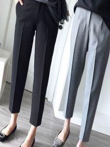 Black Womens Blazer Pants Nine-Point Length Professional Smoke Gray Color Ankle-Length Polyester Material Elastic Waistband
