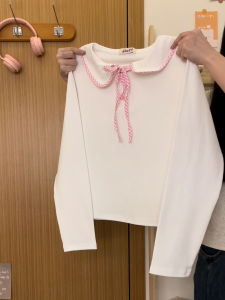 Cream Universe Plaid Doll Collar Strap Bottoming Long Sleeve T-shirt Womens Preppy Wind Shoulder Inner Wear Blouse New Arrival