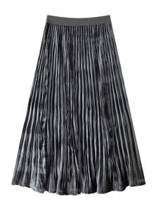 Velvet A-Line Mini Skirt Deep Grey Elegant Versatile Business Womens High Waist Pleated Commuter Polyester Fiber Skirt