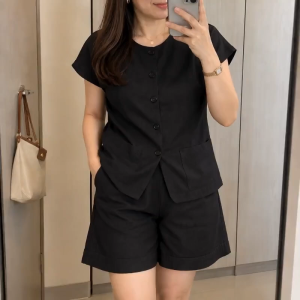 WOMEN’S COTTON LINEN BLOUSE & SHORTS TERNO SET | CASUAL 2-PIECE OUTFIT | RELAXED FIT BUTTON-DOWN TOP WITH POCKETS & COMFY SHORTS | PLUS SIZE S-M TO 2XL-3XL