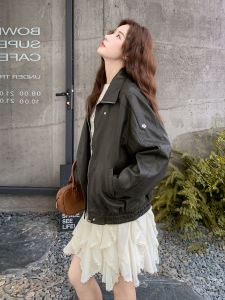 Fashionable Retro Biker Jacket Womens Tea Green Hong Kong Style PU Leather Coat Cool Sweet Style Motorcycle Clothes