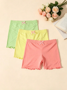 3 Pairs of Kids Solid Color Wavy Edge Shorts with Small Bow Soft Comfortable and Breathable Safety Leggings for Girls Aged 2-11Y