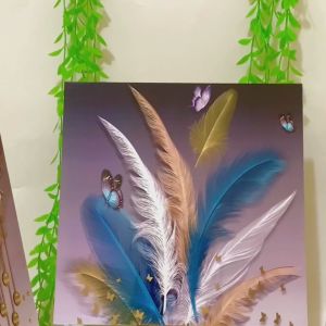 RUNABEE HIASAN DINDING SET BESAR 3 IN 1 ABSTRAK 3D FEATHER GREEN AND GOLD PAJANGAN DINDING KAYU