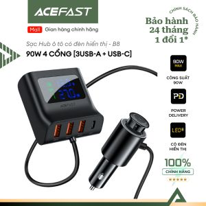 Bộ tẩu sạc ô tô ACEFAST B8 4 Cổng 90W: 3 USB-A + 1 Cổng USB-C Hub sạc 4 cổng tích hợp màn hình hiển thị điện áp đầu vào
