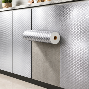 Silver Anti-Stain PVC Kitchen Wallpaper Easy To Install And Cut To Size Suitable For Kitchen Countertop Cabinet And Wall.