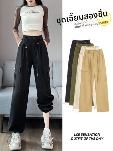 LANGPIN | กางเกงทำงานสไตล์อเมริกันสำหรับผู้หญิง ทรงหลวม ทรงสปอร์ต 2-in-1 ทรงเอวสูง กางเกงขายาวทรงขากว้าง ทรงลำลอง สไตล์สตรีท
