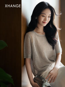 Lace Hollow Knit Breathable Linen Short Sleeve T-Shirt for Women