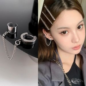 Titanium Steel Ear Cuff Clip Dangle Drop Chain Earrings for Men Women Punk Rock Goth Cool Hip Hop Kpop Earring Jewelry