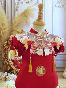 332One Year Old Celebration Dress Baby Girl Red Festive One-Year-Old Birthday Zhuazhou Banquet National Style Tang Suit Crown Clothes Baby Chinese Style Cheongsam