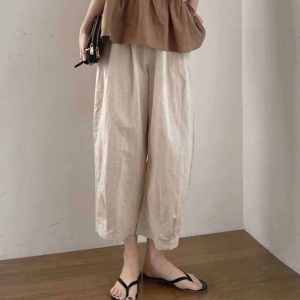 Spring Summer New Cotton Linen Casual Pants Women Simple Japanese Style Thin Artistic Loose Wide Leg Solid Color Nine Point Pants