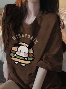 เสื้อยืดผ้าฝ้ายทรงหลวมความยาวปานกลางสําหรับผู้หญิงฤดูร้อนพิมพ์คอกลมคอกลมแขนสั้นเสื้อผ้าทํางาน