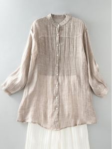 Áo Sơ Mi Vải Lanh Dài Tay Rộng Rãi Cổ Đứng Thường Ngày Mùa Xuân 2025 Phong Cách Nhật Bản Cổ Điển Vải Lanh Cotton Mỏng Dài Vừa Phải