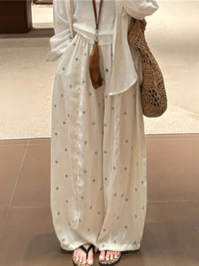 Loose Fit Summer Ice Silk Wide Leg Pants Womens Casual Straight Cut Trousers High Waist Elastic Waistband Printed Pants