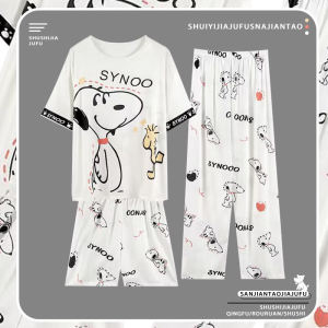 Ice Lụa Nữ Đồ Ngủ Bộ 3 Món Mùa Hè Mới Đến Tay Ngắn Hoạt Hình Dễ Thương Cỡ Lớn Quần Áo Mặc Ở Nhà Hòa Nhạc