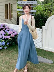 Blue Denim Strap Dress Set Women Summer 2025 New Korean Style Loose Knitted Open Cardigan Two-Piece Set Fashionable Ensemble