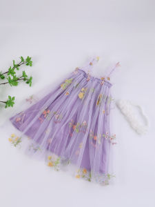 Adorable Toddler Baby Tutu Dress Sleeveless Embroidery Floral Tulle Dress Little Girl Princess Dresses with Flower Headband