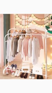 ราวตากผ้า ราวแขวนผ้าบาร์คู่ สไตล์มินิมอล พร้อมชั้นวางของ วางรองเท้า โครงเหล็ก รองรับน้ำหนัก 20 kg พร้อมส่ง E13 E14