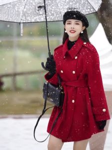 QFN | Elegant Red Wool Coat Medium-Length