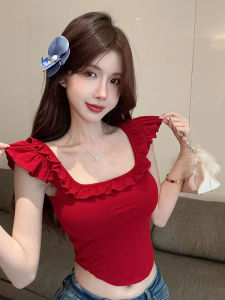 GUZILIAN | Summer Slim Fit Sleeveless Square Collar Womens Top Fashionable Sweet Spicy Style Gown With Lace Trim Strap Vest Korean Style