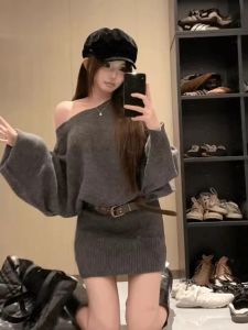 HUOLISI | Gray Irregular Off-shoulder Slim Fit Knit Dress