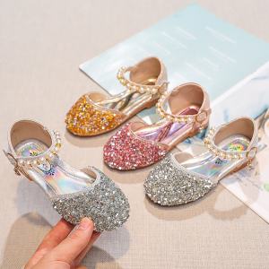 Silver Korean Rhinestone Childrens Shoes for 2-9 Years Old Girls Dance Performance Footwear with Abrasion Resistant Rubber Sole