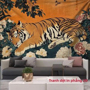 VIKAMA Nhật Bản Hổ Hoa Mẫu Đơn Tấm Thảm Màu Cam Vintage Ukiyo-e Động Vật Treo Tường Nghệ Thuật Châu Á Trang Trí Cho Phòng Khách Phòng Ngủ