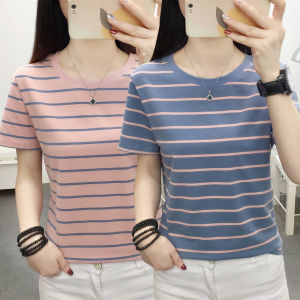 Plus Size Ladies Plus Size Loose Slim Looking Short-Sleeved T-shirt Female Middle-Aged Mom Summer Clothes Pure Cotton Stripes Belly-Covering Coat Western Style