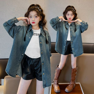 Girls Spring Autumn Denim Shirt Stand Collar Trendy Fashionable Jacket for Medium And Large Children Korean Style Single Button