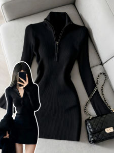 SUHUIQIAN | Winter Black Fleece-lined Slim Fitting Mini Dress