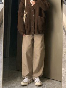 Summer Thin Loose Wide Leg Pants Womens Khaki Color Casual Straight Cut Trousers Vintage Japanese Style Drapey Comfortable