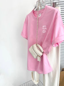 Fashionable Light Pink Letter Print Short Sleeve T-Shirt Womens Casual Loose Fit Cotton Top Trendy Streetwear Summer Tee