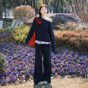 CHANGTONG | Atmospheric Style One-Shoulder Lace Inner Layer Sweatshirt and Trousers Set