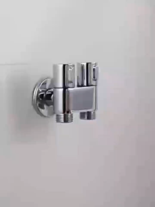 Dual-outlet faucet suitable for washing machines toilets and sinks. Features an automatic shut-off valve and rust-resistant construction.